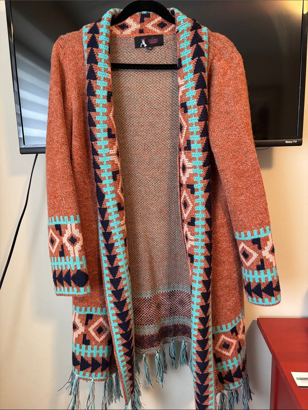 Boho Open-Front Orange Aztec Cardigan with Turquoise Trim